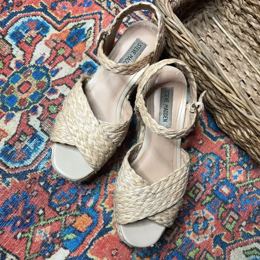 Steve Madden Pam Raffia Espadrille Wedge Platform Sandal Crisscross Straw Woven
